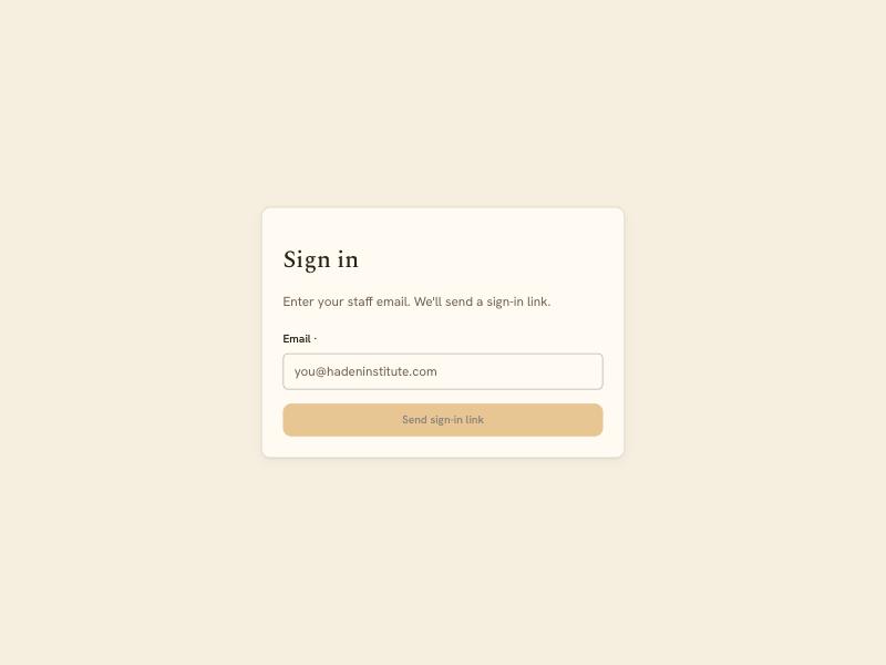 The CRM sign-in page, bone paper with the sign-in card and an ochre “Send sign-in link” button.