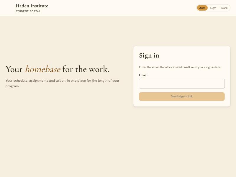 The Portal sign-in page, with the Hearth welcome line “Your homebase for the work.” on the left and the sign-in card on the right.
